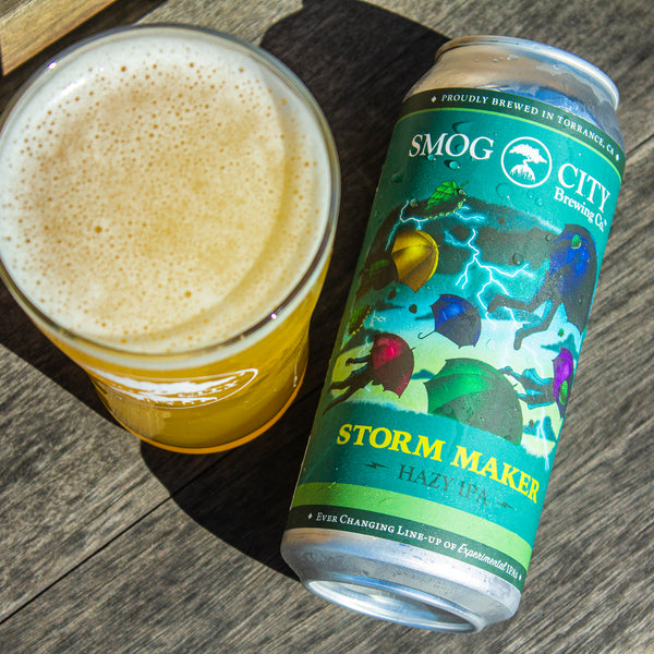 A can of Storm Maker and a glass of beer viewed from the top down.