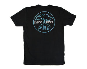 Back of t shirt with Smog City written in white and the logo tree outlined in neon blue