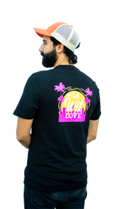 Back of From La Wit Love T-Shirt, graphic of hot pink LA skyline with yellow sun behind.